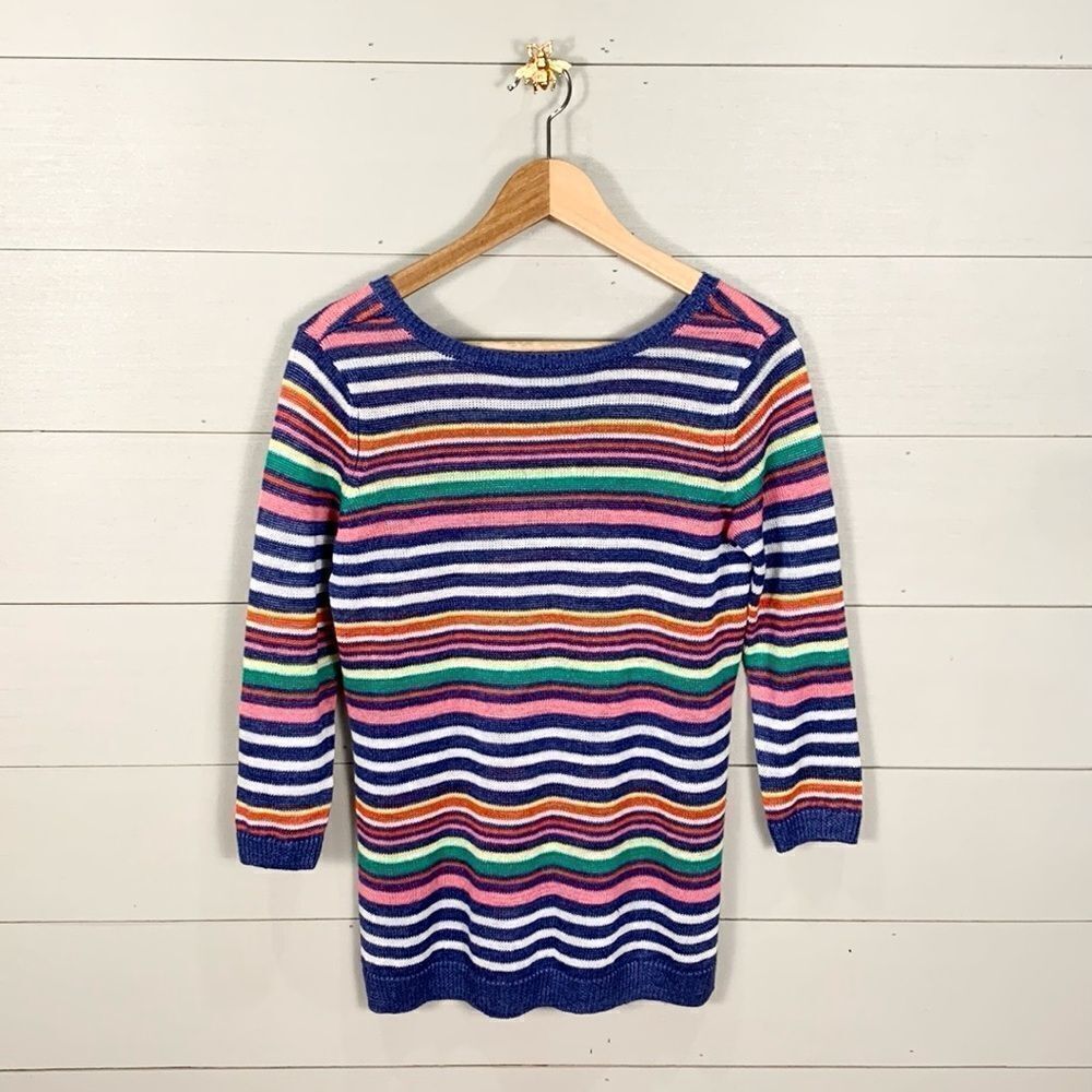 Talbots pastel colored horizontal striped woven linen 3/4 length sleeve size P